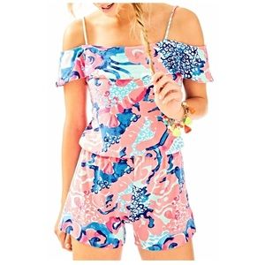 Lilly Pulitzer Klea Off Shoulder Romper - Coral Reef I'm So Jelly